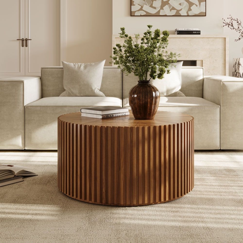 Coffee Table Round Drum Shape Walnut Fluted Sides Mid Century Modern