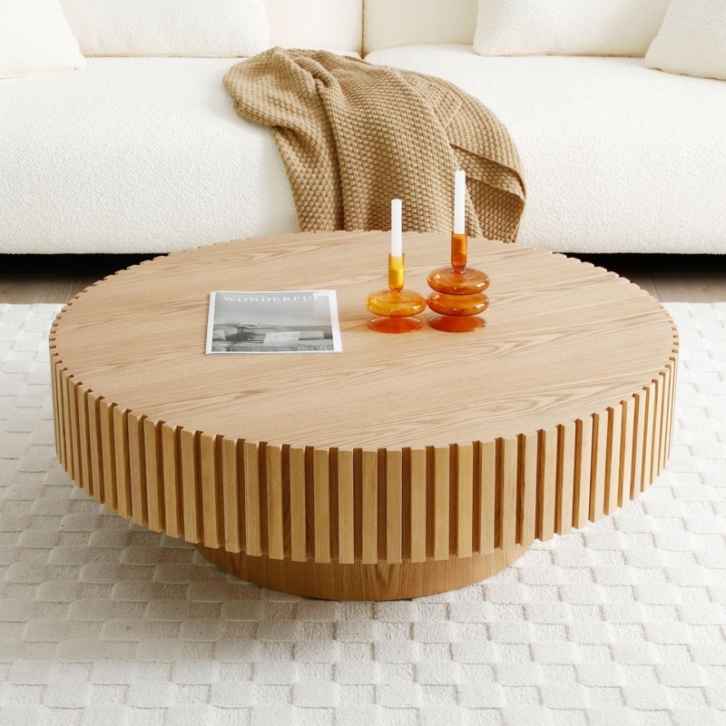 Coffee Table Round Fluted Perimeter Drum Base Natural Wood Japandi