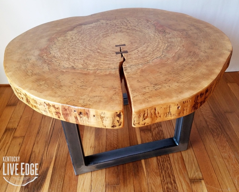 Coffee Table Round Live Edge Slab Butterfly Joints Metal Base Rustic