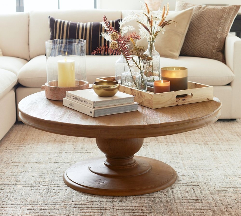 Coffee Table Round Pedestal Base Thick Profile Rustic Farmhouse Wood