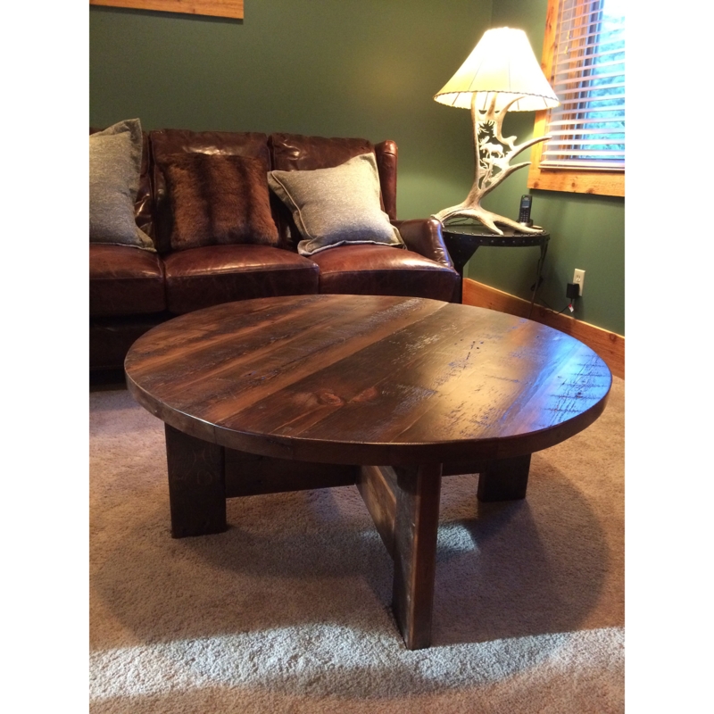 Coffee Table Round Planked Top Slab Cross Base Reclaimed Rustic Cabin
