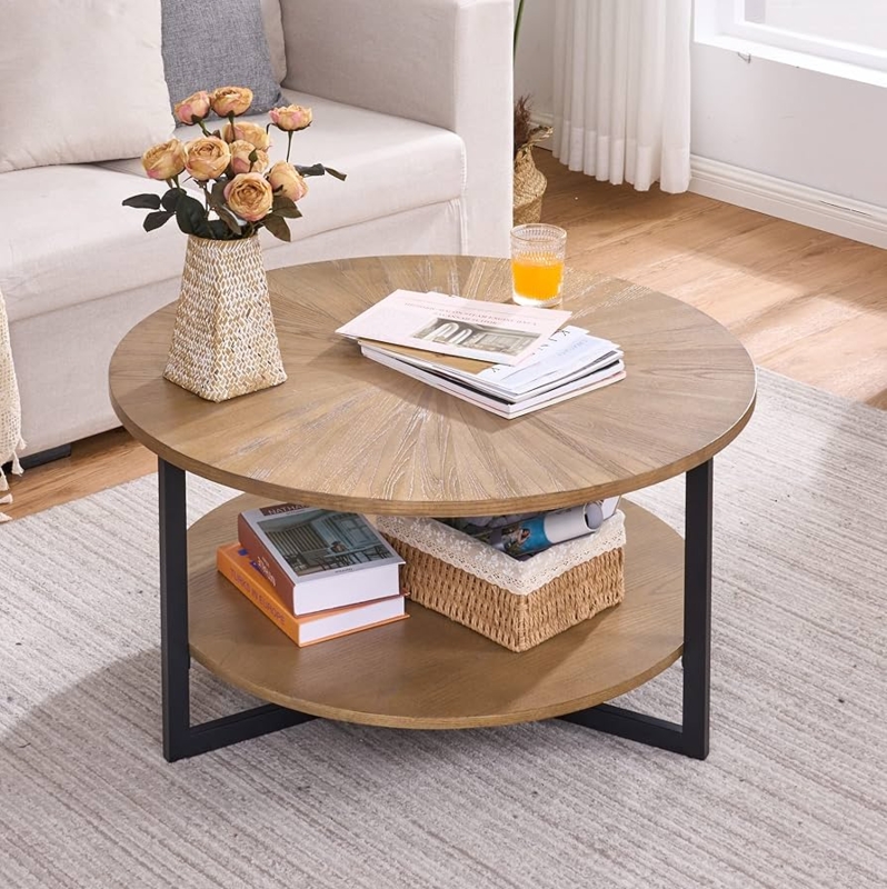 Coffee Table Round Radial Sunburst Grain Two Tier Black Metal Base