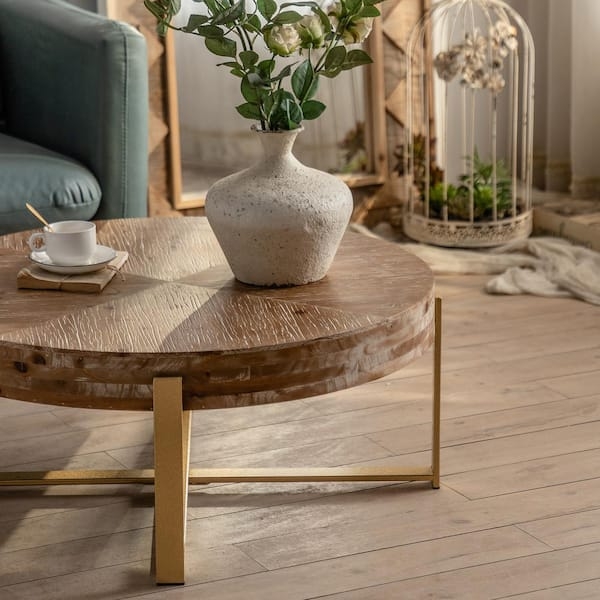 Coffee Table Round Radial Wood Gold Cross Legs Thick Profile Rustic