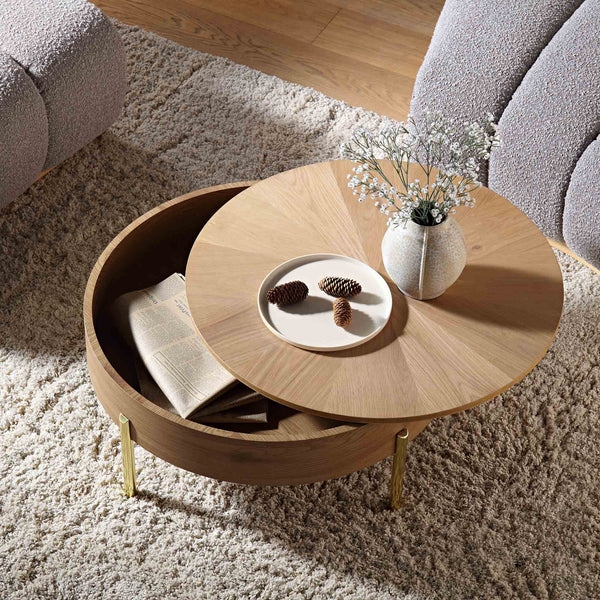Coffee Table Round Rotating Top Hidden Storage Radial Grain Light Oak