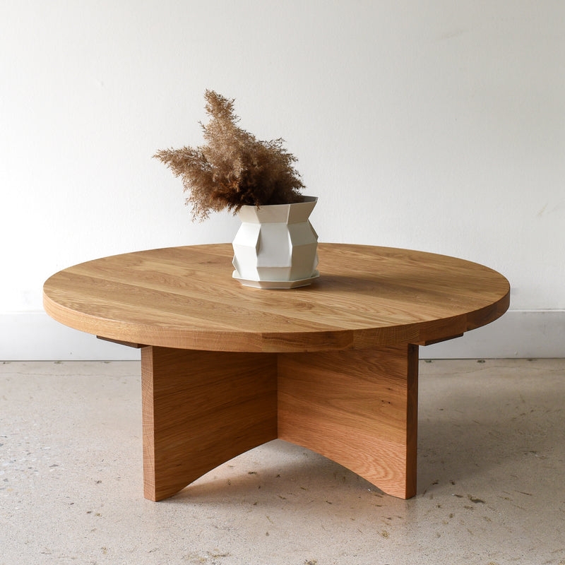 Coffee Table Round Sculptural Intersecting Slabs Thick Edge Oak Japandi