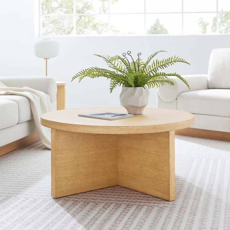 Coffee Table Round Tri Panel Base Warm Natural Wood Japandi Minimalist