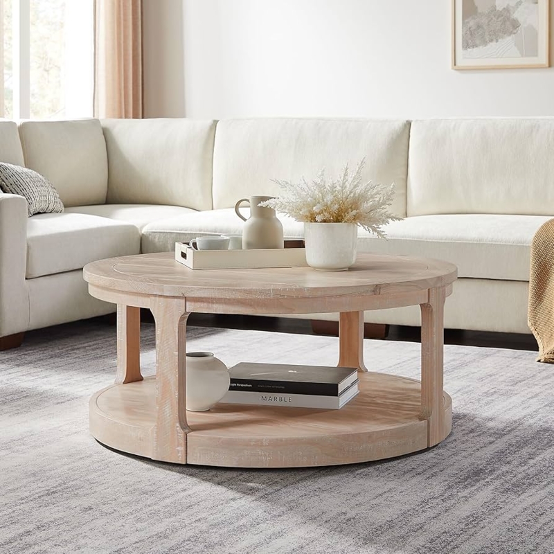 Coffee Table Round Whitewashed Oak Arched Legs Two Tier Farmhouse