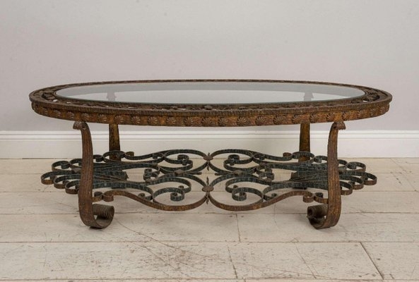 Coffee Table Scalloped Apron Oval Glass Top Spanish Wrought Iron