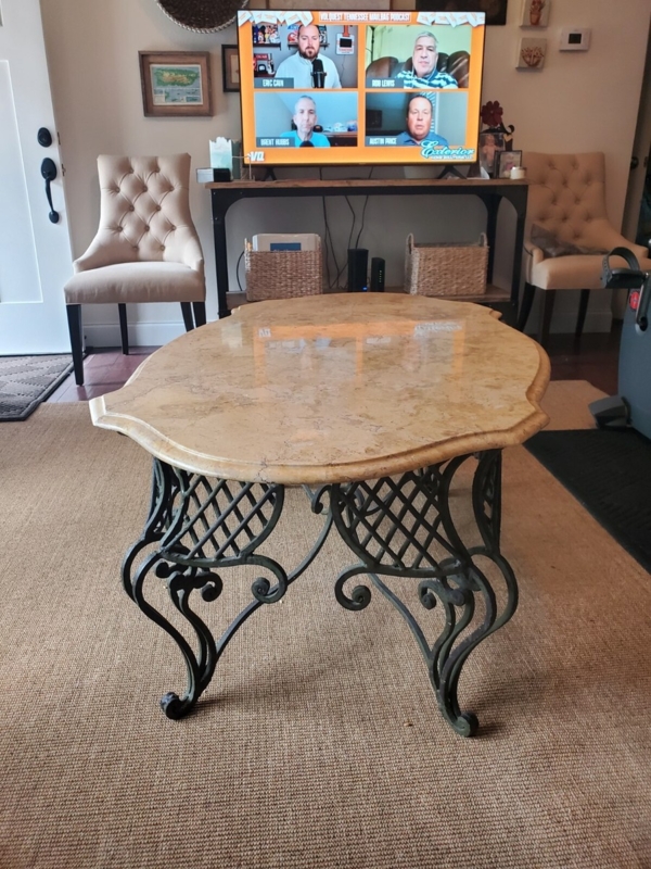 Coffee Table Scalloped Edge Lattice Apron Stone Like Top French Style