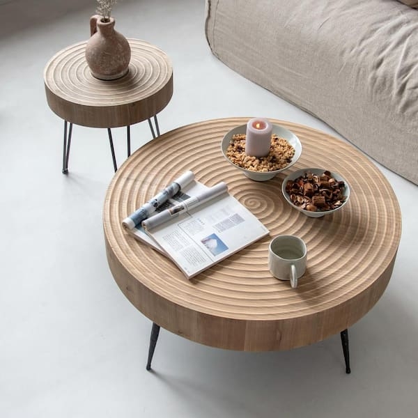Coffee Table Set Round Concentric Ring Motif Thick Top Tapered Legs
