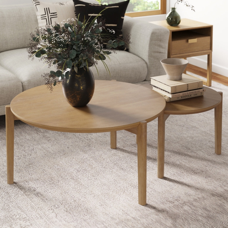 Coffee Table Set Round Nesting Design Light Brown Wood Tapered Legs