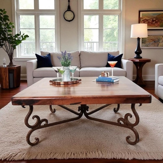 Coffee Table Square Wood Slab Scrolled Iron Base Hand Forged