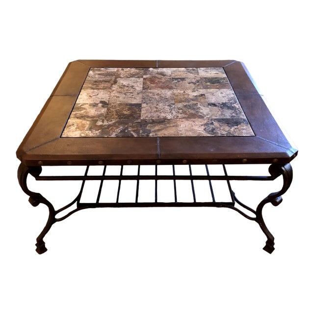 Coffee Table Stone Tile Inlay Leather Wrapped Apron Nailhead Trim