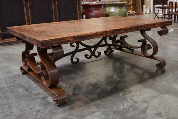 Coffee Table Thick Wood Top Decorative Stretcher Volute Feet Spanish