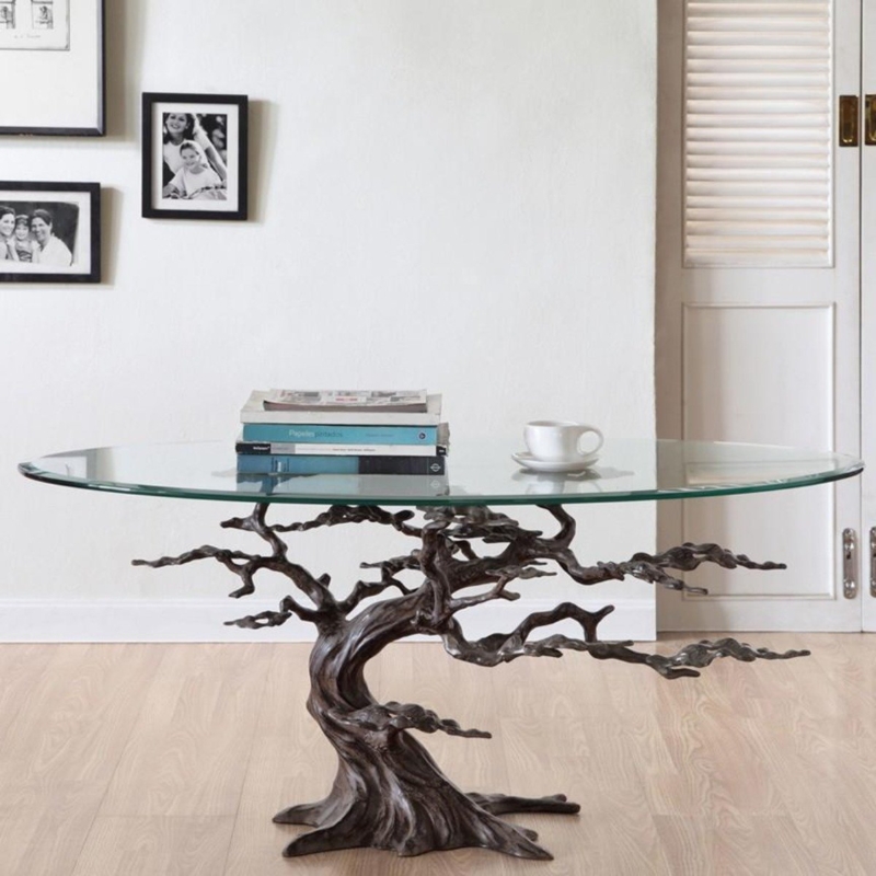 Coffee Table Tree Sculpture Base Gnarled Branches Oval Glass Top