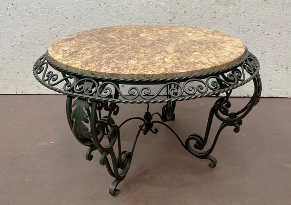 Coffee Table Twisted Rim Leaf Motif Scrolled Apron Round Stone Top