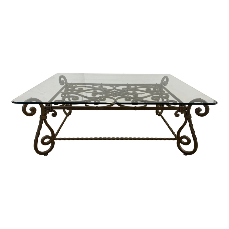 Coffee Table Twisted Stretchers Ornate Iron Base Square Glass Top