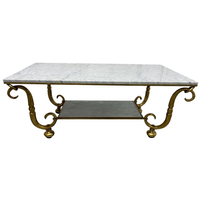 Coffee Table White Marble Top Gilt Finish Bulbous Feet Dual Tier