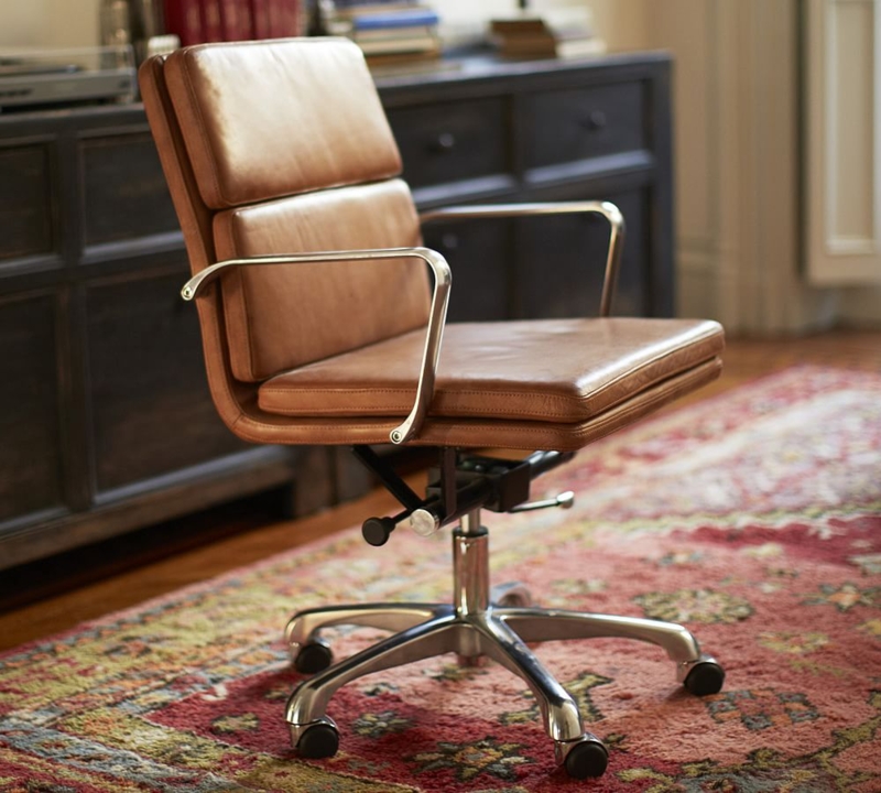 Cognac Swivel Desk Chair Ribbed Upholstery Slim Metal Arms