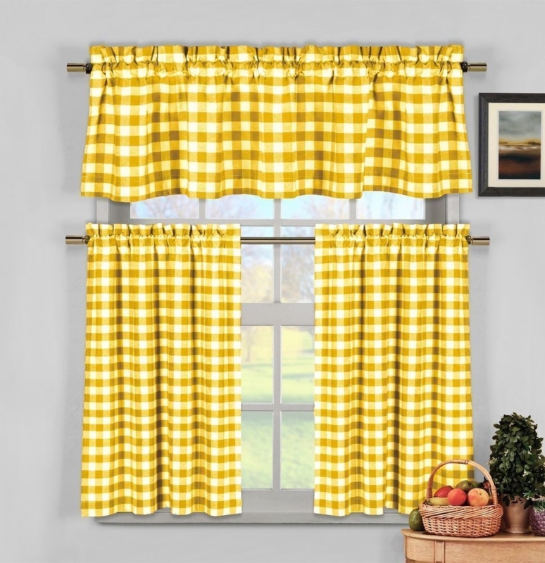 Complete 3-Piece Sunny Yellow Gingham Kitchen Curtain Set with Valance
