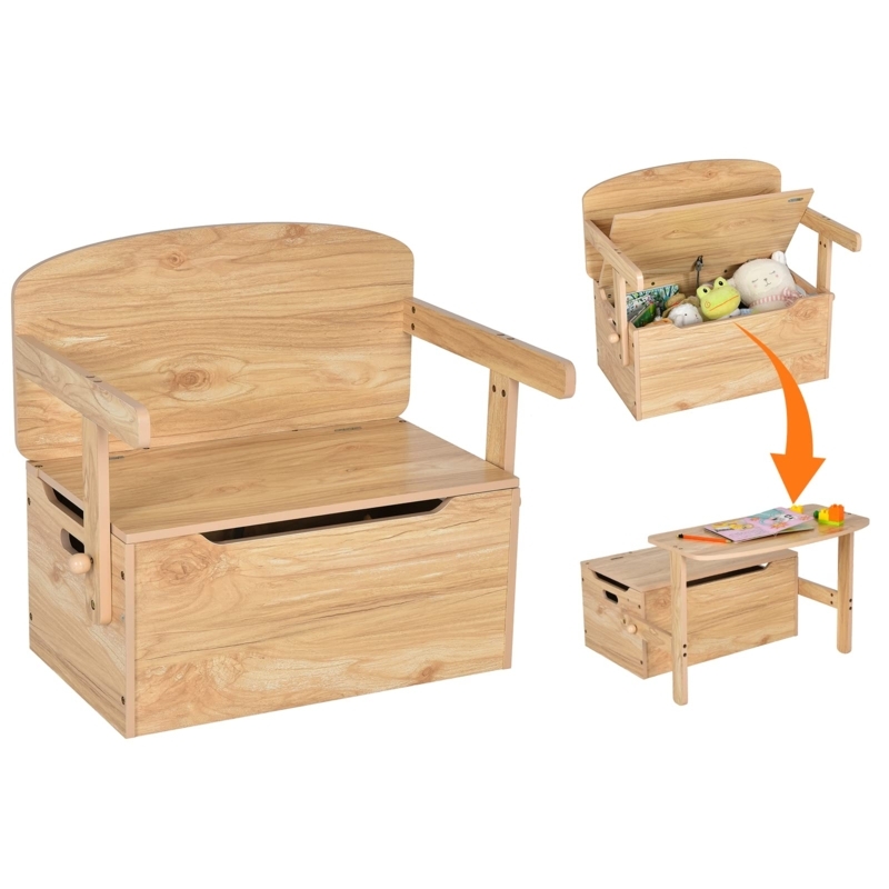 Convertible Kids Storage Bench 3 In 1 Playroom Furniture Oak Tone