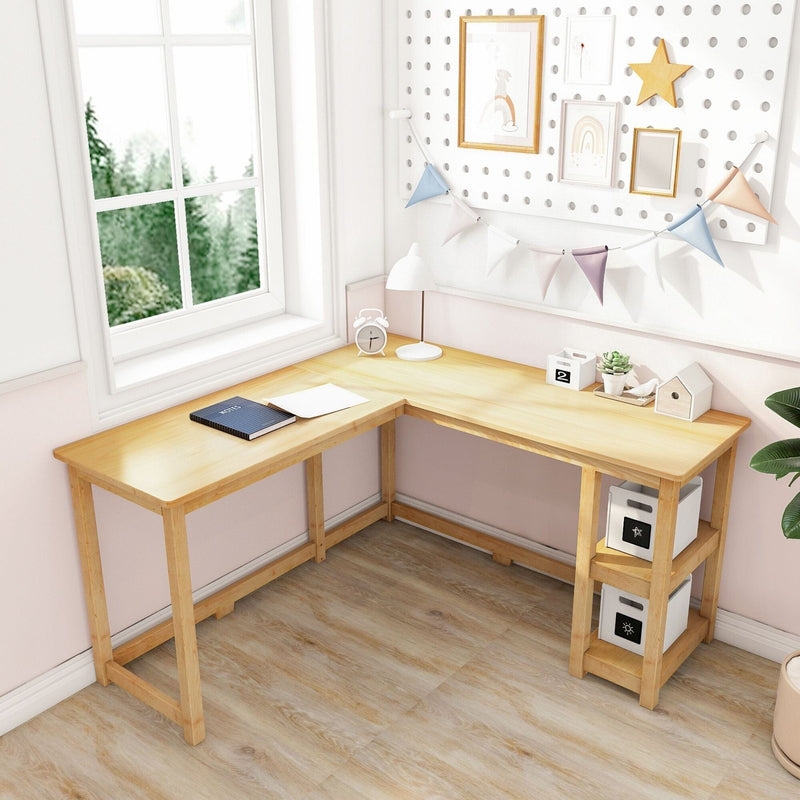 Corner Desk Solid Wood Natural Finish Open Storage Shelves Scandi Style