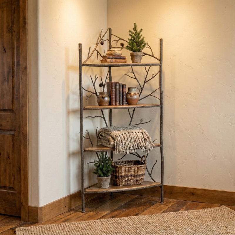 Corner Shelf Twig Inspired Frame Pine Cone Accents Rustic Lodge Style