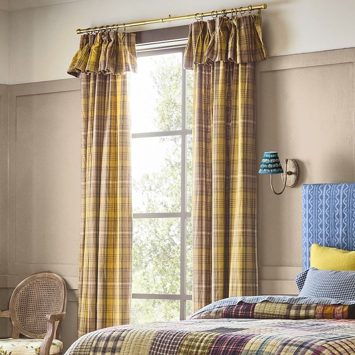 Cottage Lilac and Yellow Plaid Pleated Valance Drape, Woven Fabric