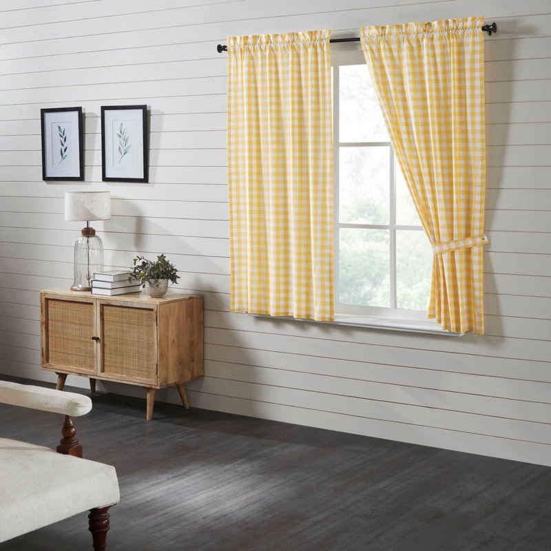 Cottage Mustard Yellow Buffalo Check Short Panels with Matching Tiebacks