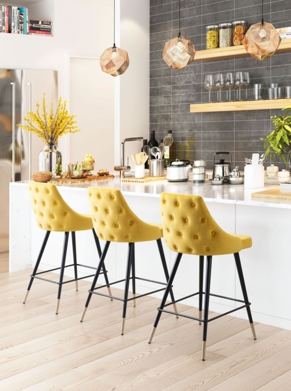 Counter Stool Button Tufted Yellow Velvet Black Legs Gold Tips