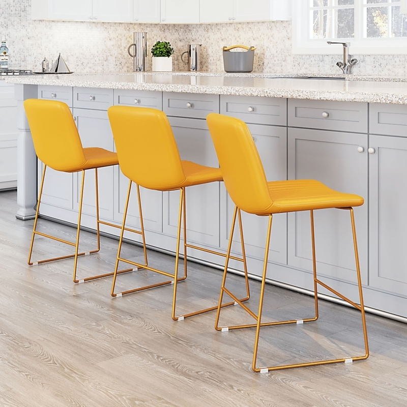 Counter Stool Mustard Vinyl Gold Sled Base Horizontal Stitching