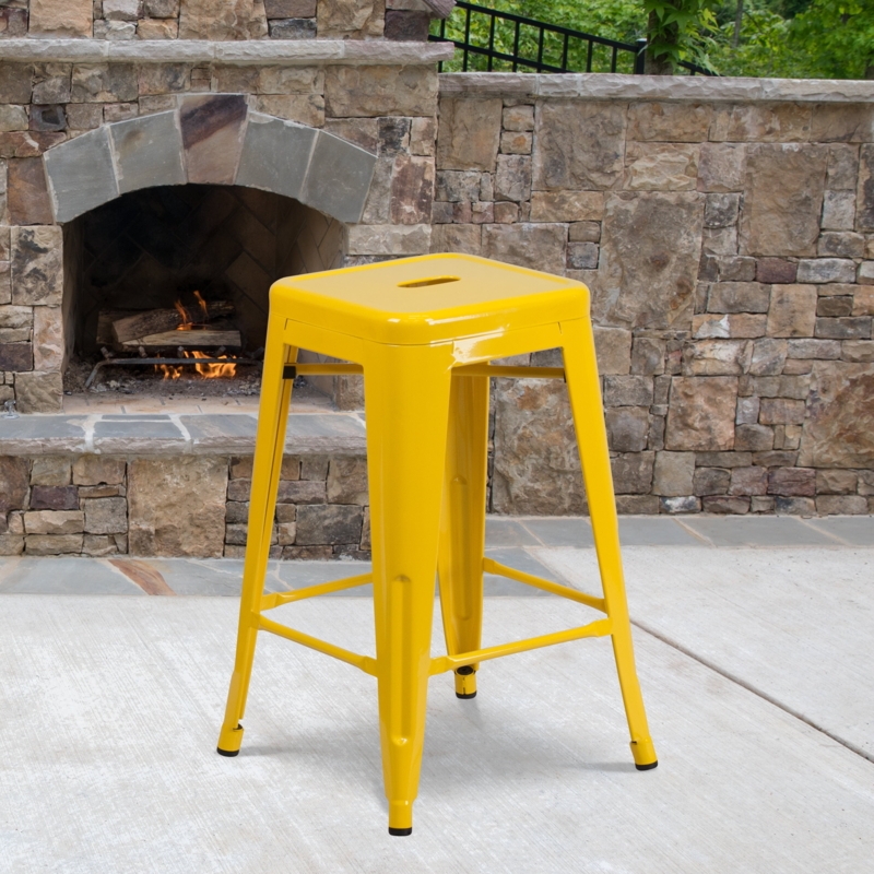Counter Stool Vibrant Yellow Metal Backless Seat Drain Commercial