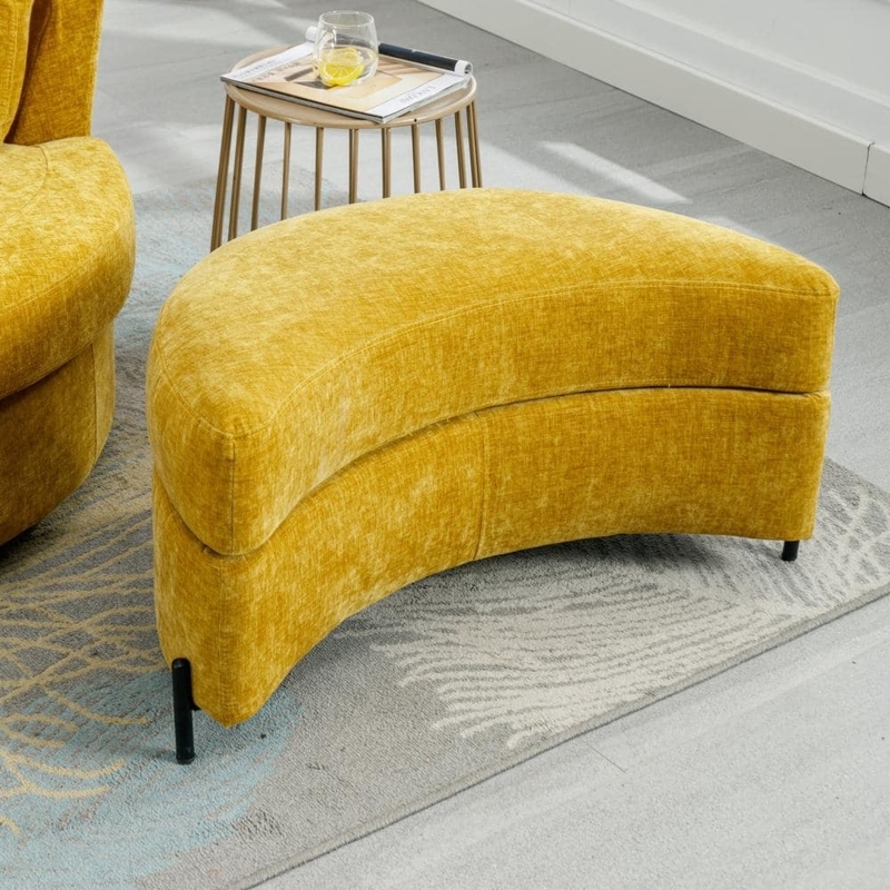 Crescent Ottoman Mustard Chenille Storage Bench Curved Footstool