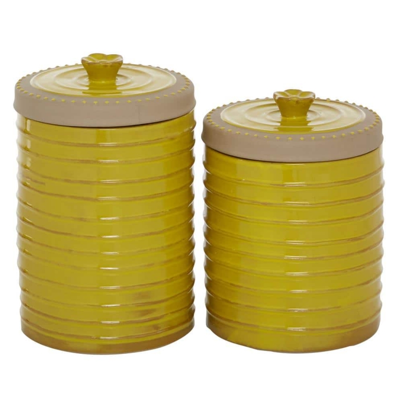Decorative Jar Set Flower Finial Ribbed Texture Mustard Yellow