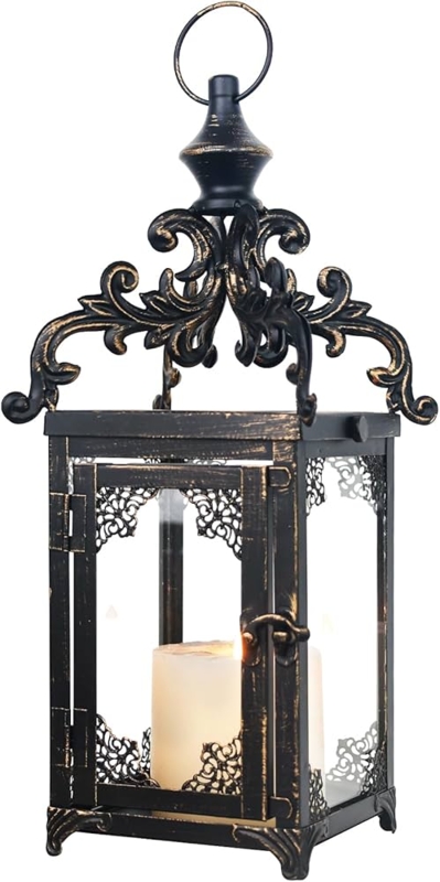 Decorative Lantern Distressed Metal with Decorative Filigree Accents