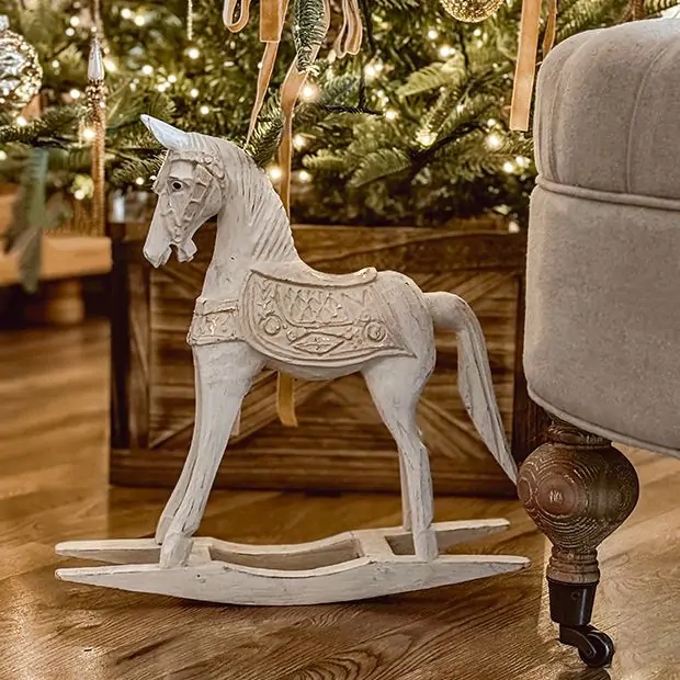 Decorative Rocking Horse Distressed Whitewash with Carved Saddle