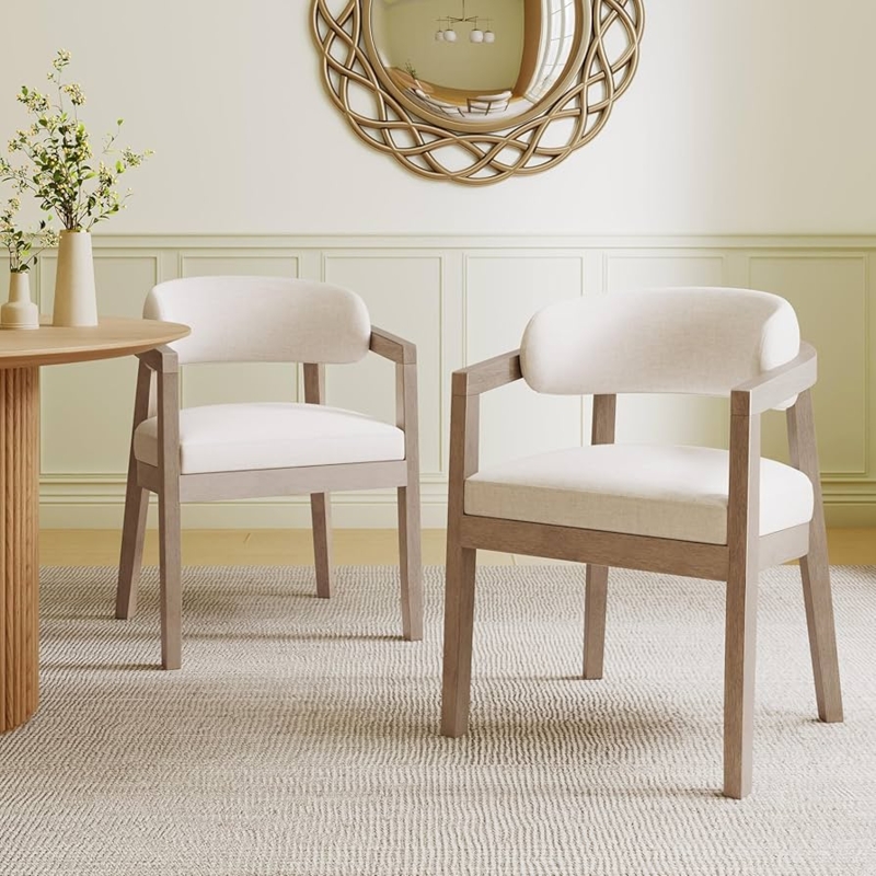 Dining Arm Chair U Shaped Backrest Natural Ash Cream Fabric Modern