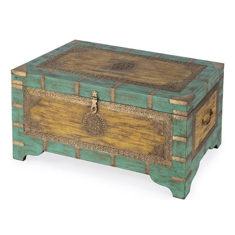 Distressed Teal Storage Trunk with Etched Metal Banding
