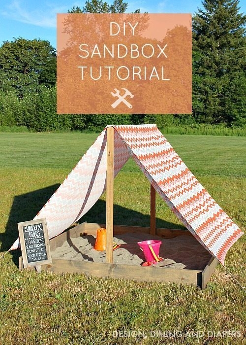 DIY Wooden Sandbox with Orange and White Chevron A-Frame Canopy