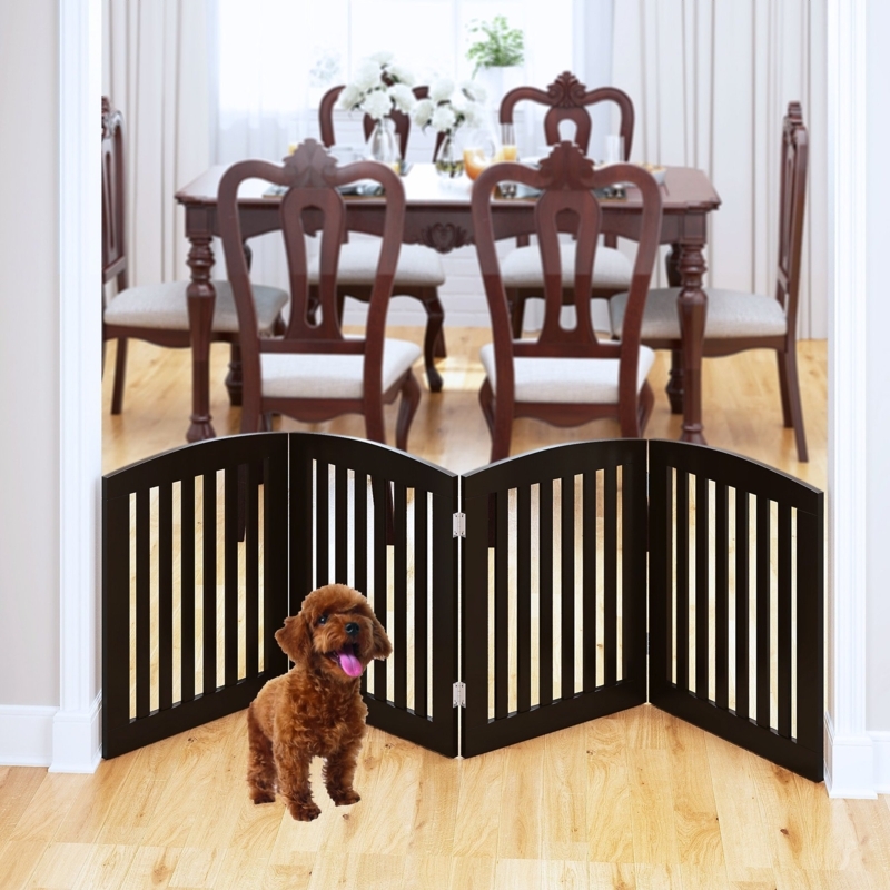 Dog Gate: Espresso Finish Arched Top Freestanding Folding