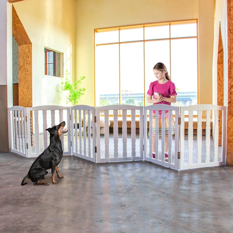 Dog Gate: Freestanding Accordion Design White Arched Top