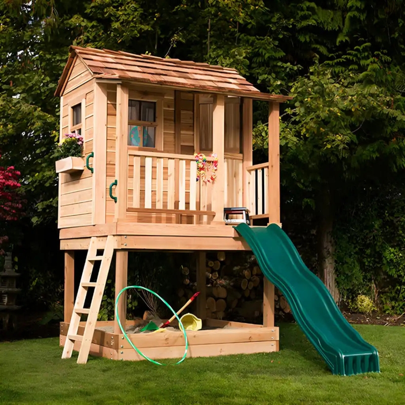 Elevated Playhouse with Integrated Sandbox and Wavy Slide