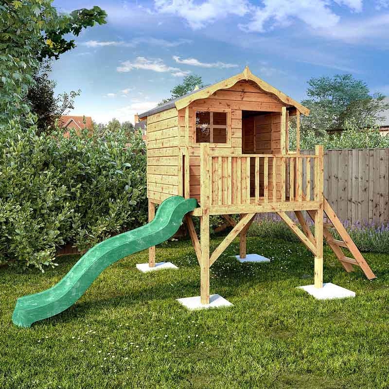Elevated Wooden Playhouse with Scalloped Trim and Wavy Slide