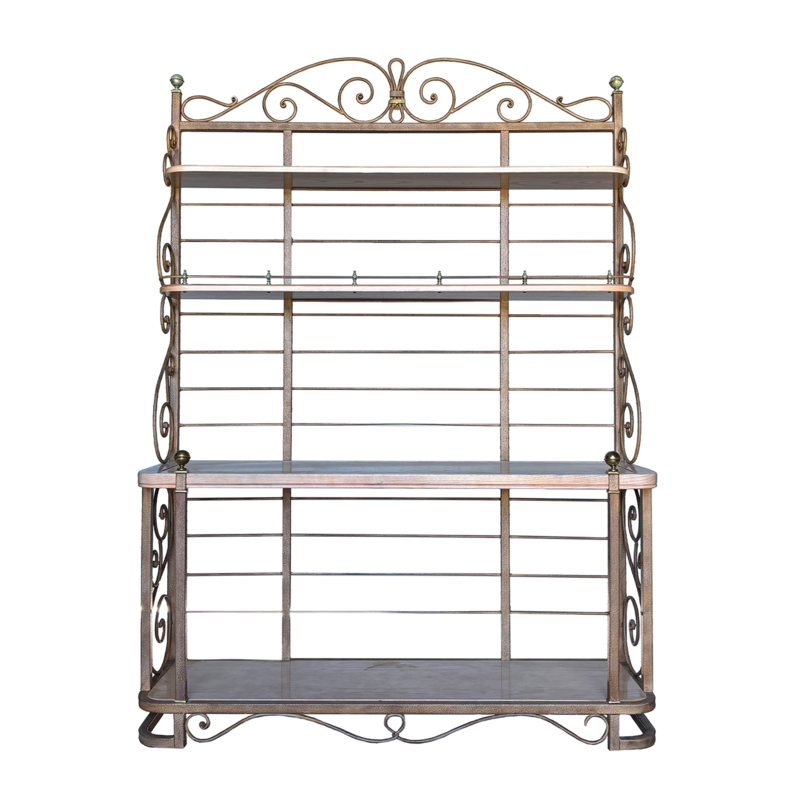Etagere Antique Gold Scrolled Pediment Brass Finials Four Tier Design
