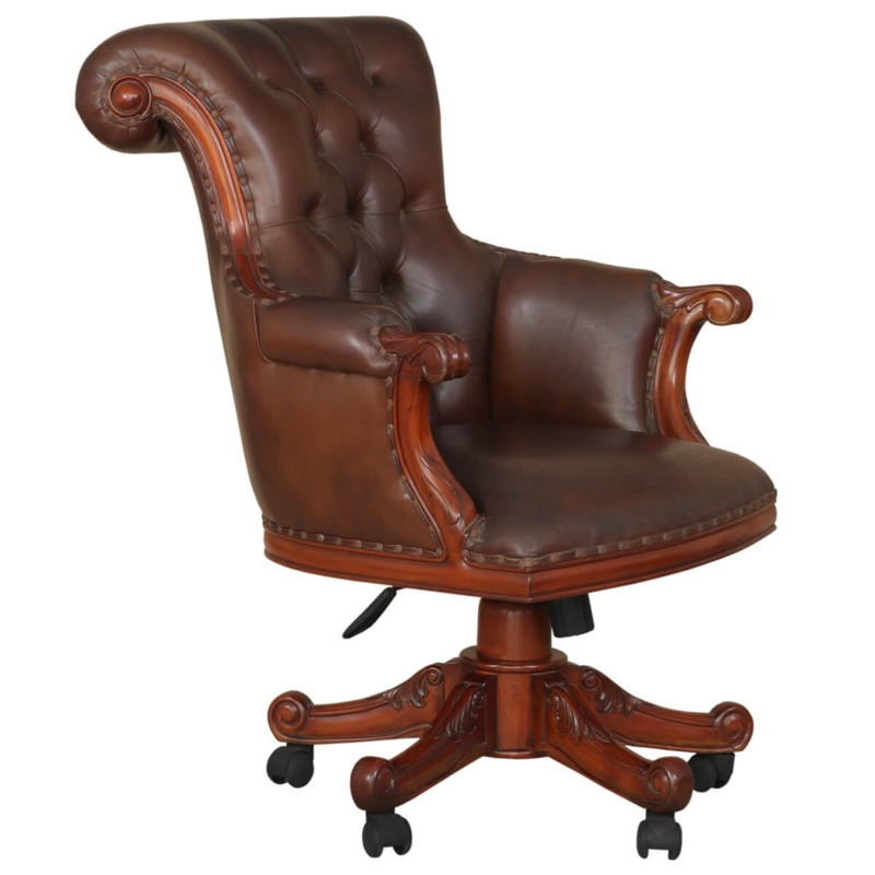 Executive Chair Scrolled Backrest Deep Tufting Mahogany Wood