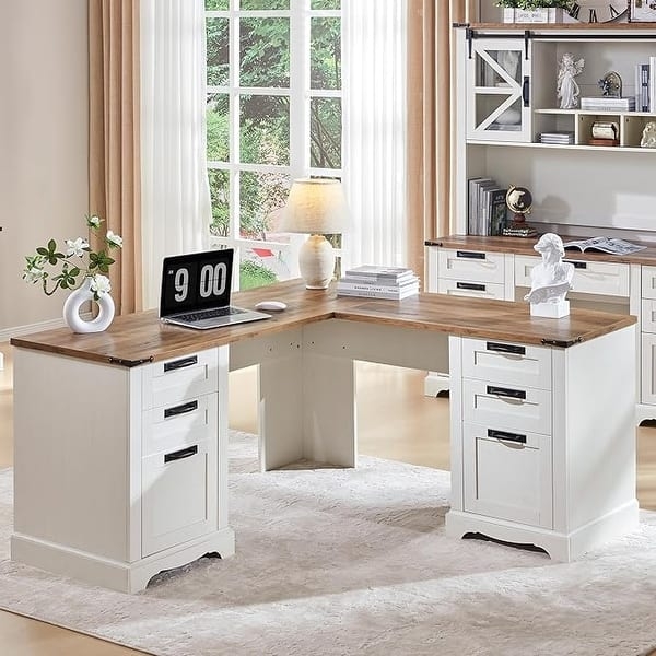 Executive Desk Antique White Cup Drawer Pulls Farmhouse Style Wood Top