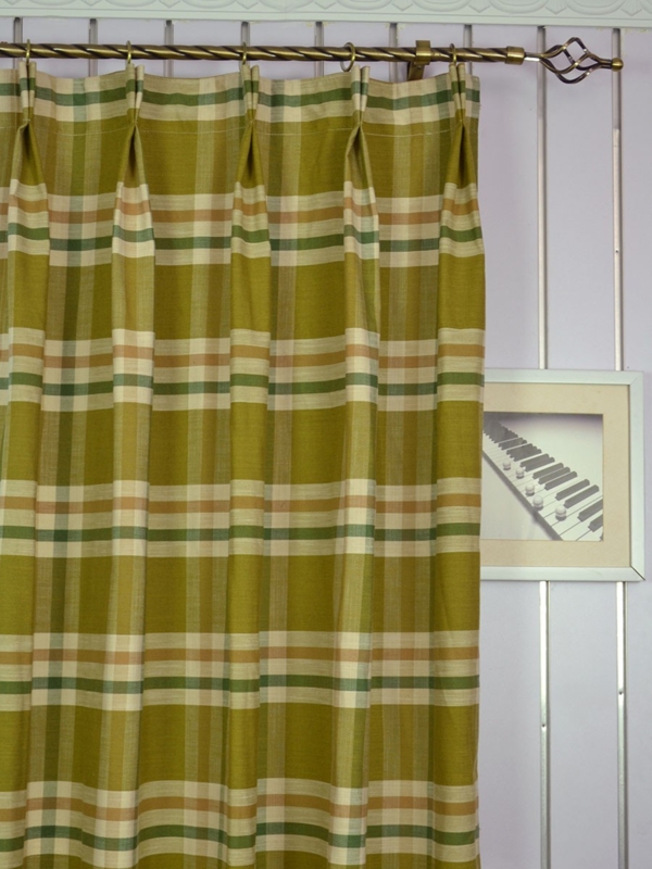 Extra Wide Olive Green and Tan Plaid Double Pinch Pleat Drapes