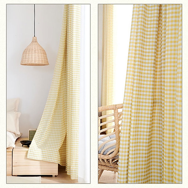 Farmhouse Charm Linen Style Butter Yellow Gingham Check Window Curtains