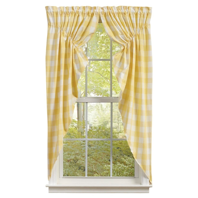 Farmhouse Sunshine Yellow Gingham Prairie Swag Curtains with Sloped Hem