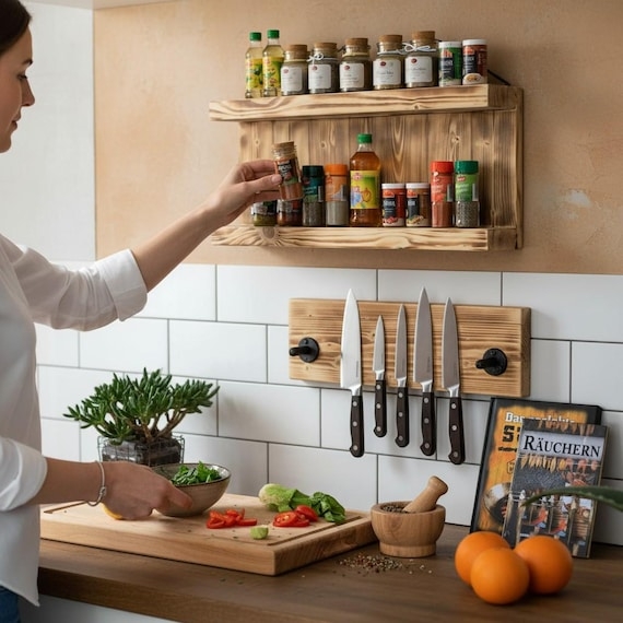 Flamed Wood Spice Rack Two Tier Rustic Wall Mounted Shelf